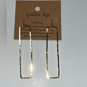 Artisan Hand Hammered Gold Tone Long Rectangular Hook Earrings.